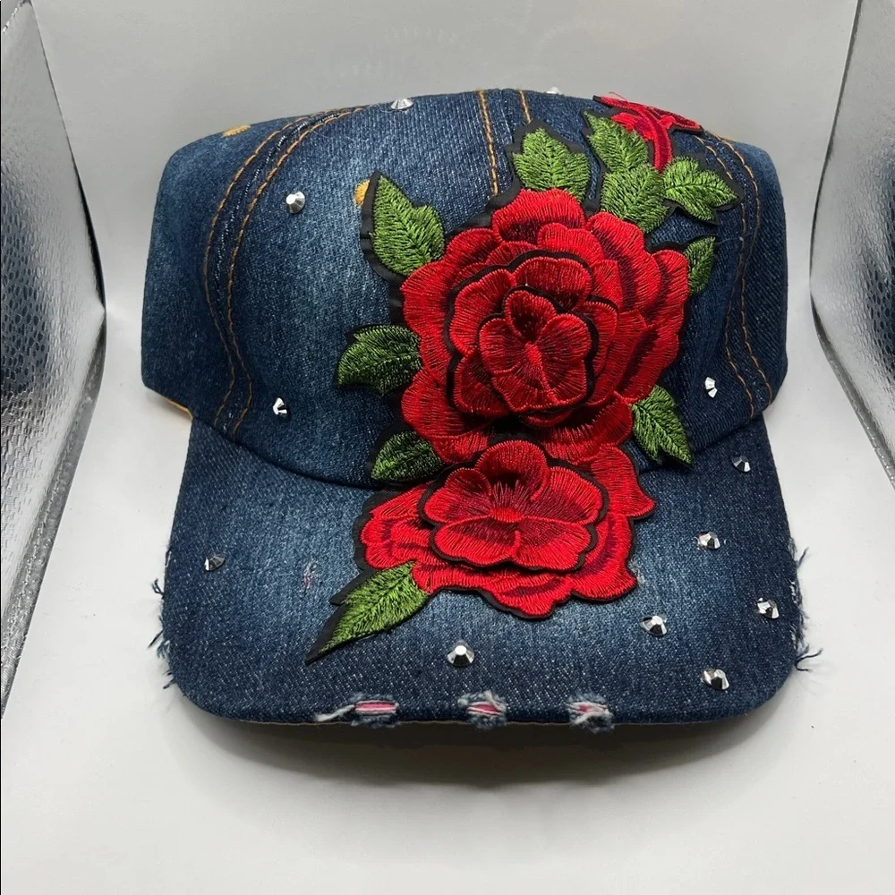 721. Denim Cap with Red Floral Detail